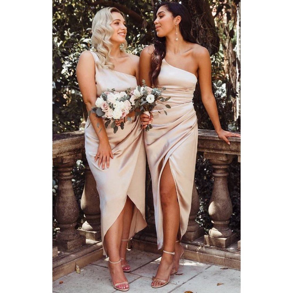 White Fox Willow Wrap Midi Dress In Champagne Bridesmaid Satin One Shoulder Xs